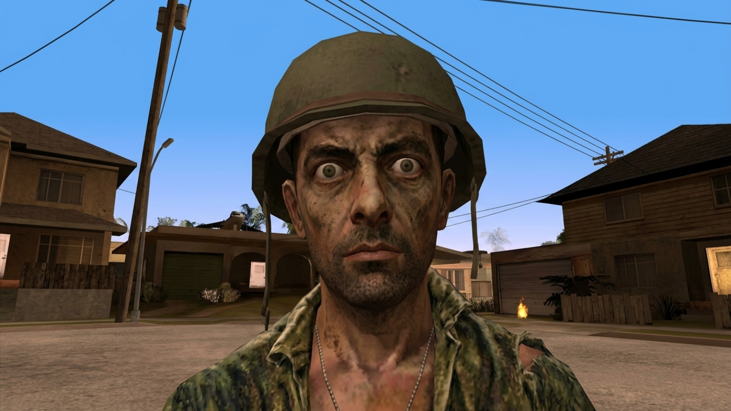 GTA San Andreas soldier with thousand yard stare in suburban street