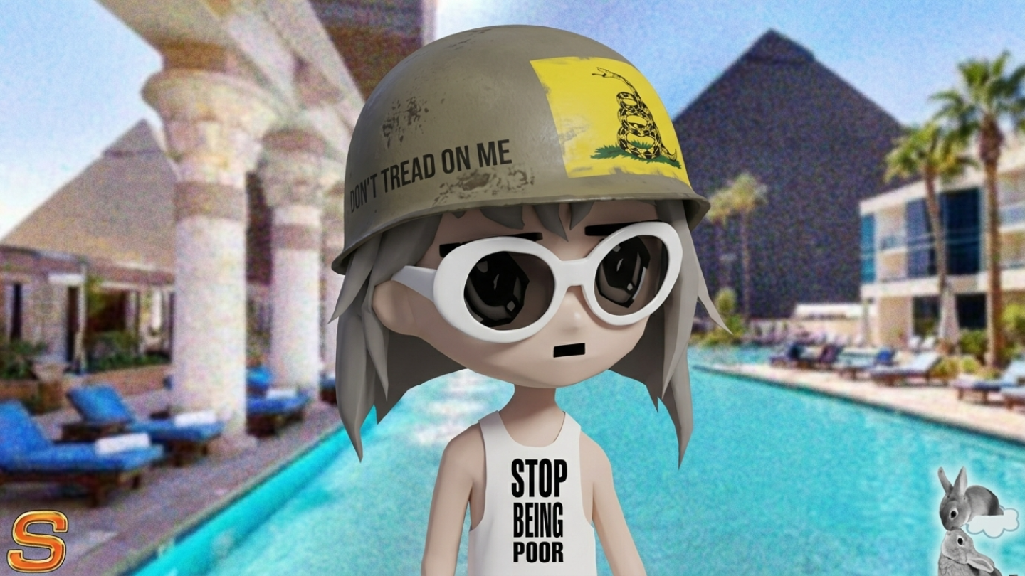Trencher mascot at Vegas pool in Don't Tread On Me helmet